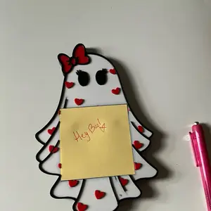 Ghost-sticky Note Holder with Red Bow and Heart Accents for Adorable Desk Organization