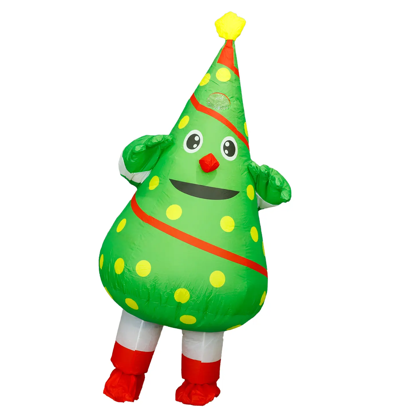 2025 New Polyester Christmas Tree Inflatable Costume for Youth/Adult (155-185 cm) - Menswear Clothes with Polka Dot, Ribbon, Cartoon Character Details, Includes Fan & Battery Box, Ideal for Christmas Parties, Breathable, Holiday Markets, Inflates And Shap
