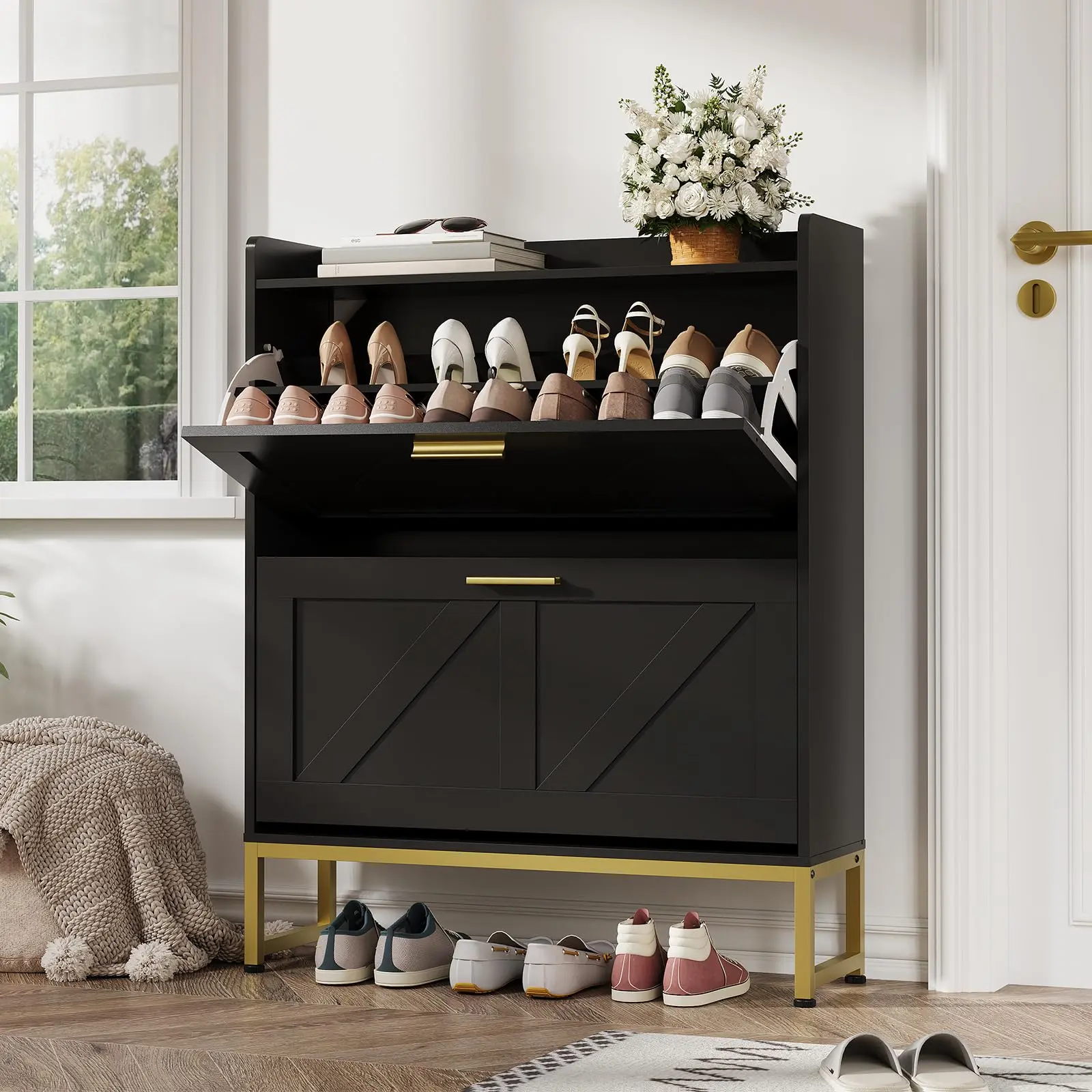 Entryway Shoe Cabinet Double-Layer Flip Drawer Design, Freestanding Entry Storage Cabinet Equipped with Adjustable Shelves and Dust-Proof Back Panel