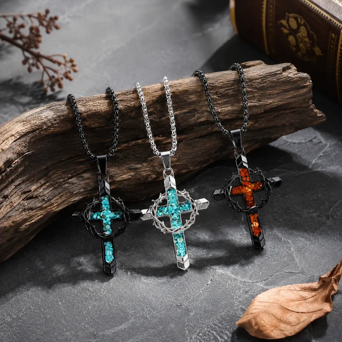 Natural Turquoise Chips Inlaid Crown of Thorns Cross Necklace, Alloy Cross Pendant with Stainless Steel Chain, Mens Christian Religious Faith Jewelry Gift