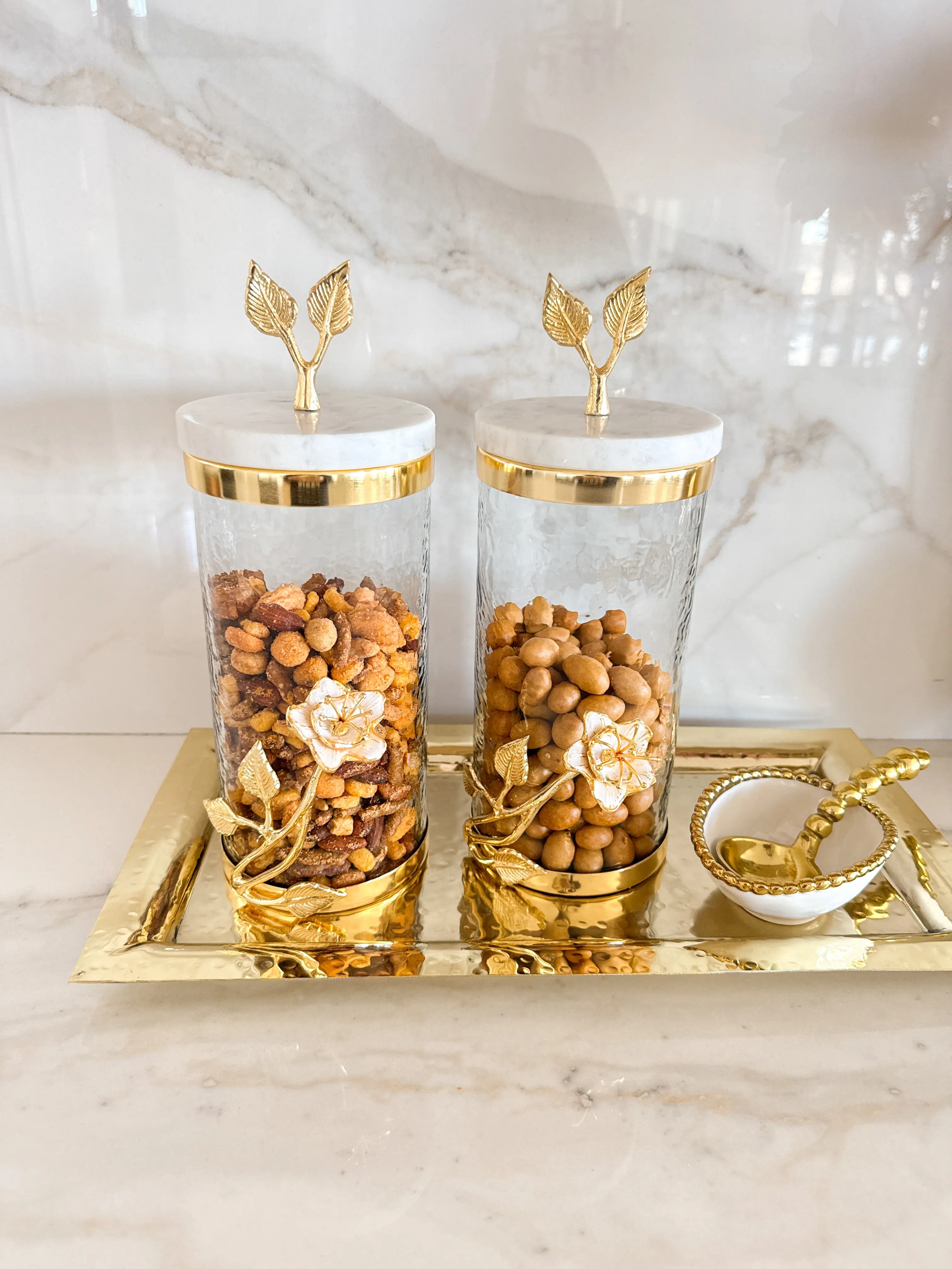 Marble Gold Lilly Flower with Leaf Canister