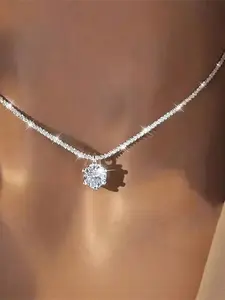 Women's Elegant Cubic Zirconia Pendant Necklace, Exquisite Trendy Pendant Necklace, Chic Jewelry Gifts for Girlfriend, Minimalist Necklace