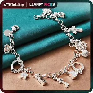 925 silver plated  Heart Key Pendant Bracelet, Women's Bracelet, 13 Small Pendants, Bohemian Style, Shiny and Exquisite Silvery, Women's Fashion Jewelry Accessories, Suitable for Wife, Girlfriend, Fashion Gift, Hypoallergenic Jewelry Birthday  Gifts