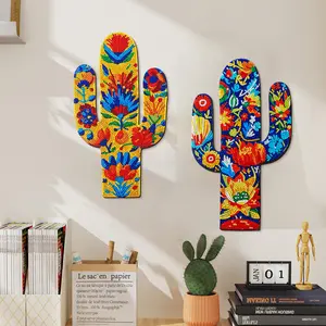 2pcs Wooden Cactus Diamond Art Painting Kit, Bohemian Floral DIY Needlework, Handmade Wall Sign for Living Room Bedroom Home Decor