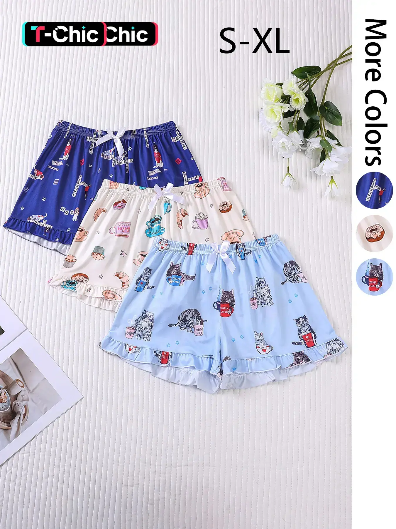 Women's Cute Cat & Dessert Print Bow Decor Shorts, Casual Comfy Pyjama Elastic Waist Sleep Shorts, Women's Sleepwear for All Seasons, Loungewear, Casual Nightwear, Womenswear, Pajama Set