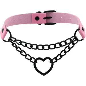 PU Simulated Leather Gothic Punk Black-tone -tone Heart Ring Cuban Curb Link Chain Adjustable Neckband  Choker