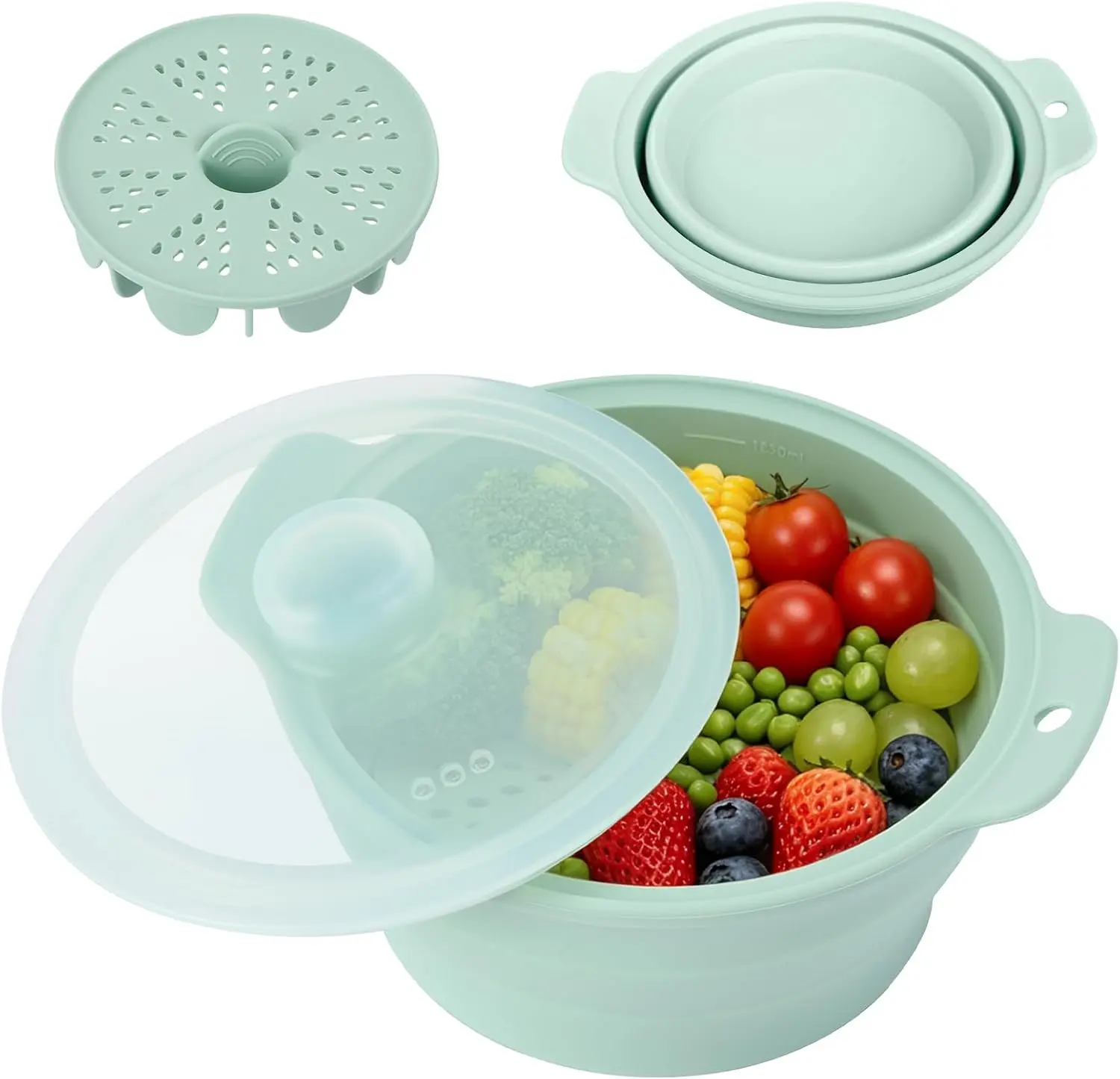 Collapsible Silicone Microwave Vegetable Steamer, 42oz Microwave Steamer with Lid & Removable Steam Rack, BPA-Free Small Steam Pot for Vegetables, Dumplings, Seafood – Dishwasher & Freezer Safe