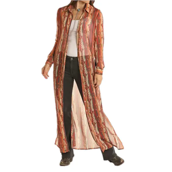 Rock & Roll Denim Ladies Long Sleeve Aztec Print Rust Duster LWB2S02415