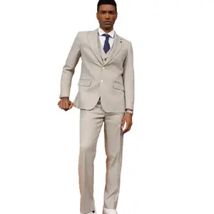 Men’s Solid Textured 3-Piece Hybrid Fit Suit - Ivory