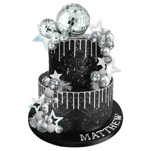 Disco Ball Cake Topper with Silver Stars for 70s 80s Disco Dance Party Saturday Night Fever
