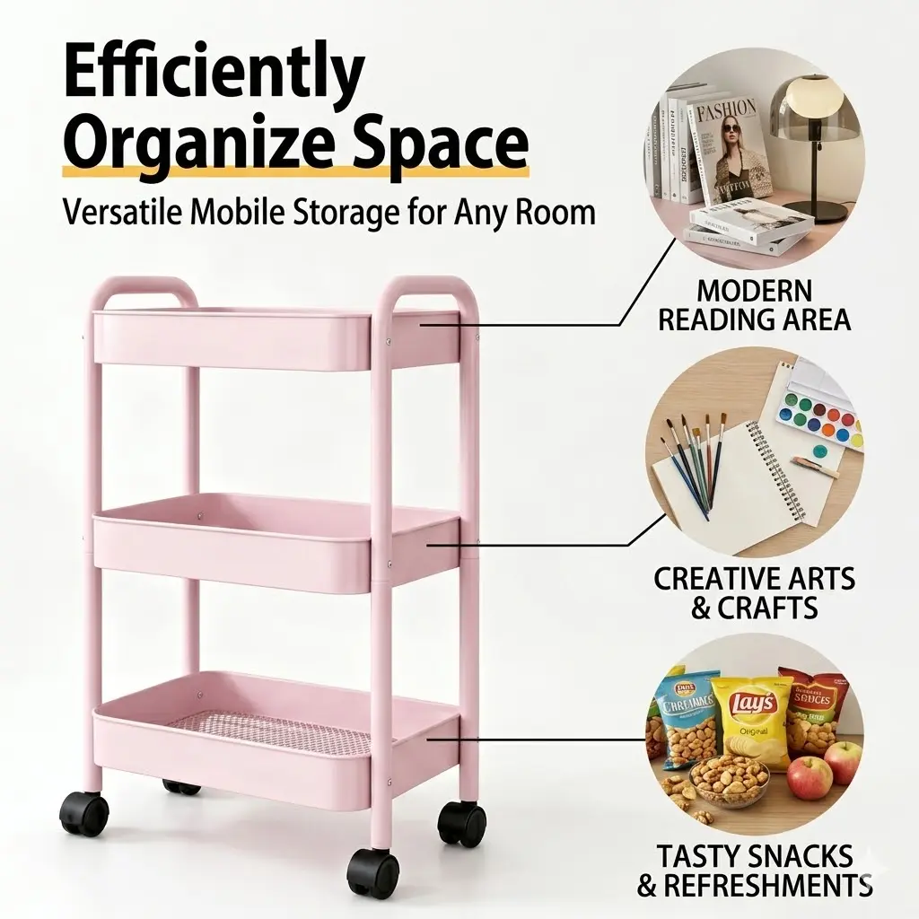 3-Tier Sturdy Freestanding Rolling Cart with Locking Wheels, Pink Metal Utility Organizer with Deep Mesh & Breathable Trays, Dual Handles, Space-Saving Mobile Trolley for Office, Classroom, Dorm Room Supplies, Racks, Bathroom