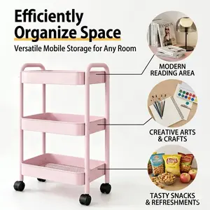 3-Tier Rolling Storage Cart with Wheels - Multi-Layer Utility Organizer with Perforated Shelves, Divided Baskets, Easy Assembly - Space-Saving Mobile Trolley for Office, Kitchen