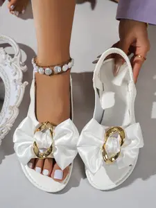 Two-Tone Satin Bow Sandals, Women's French Sweet Cool Style, Comfortable Elastic Back Strap, Casual Summer Flat Shoes for Commute and Dates