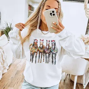 Retro Santa Hat Horses Christmas Sweatshirt - 90s Christmas Lights Equestrian Horse Lover Sweater - Boho Unisex Cotton Menswear