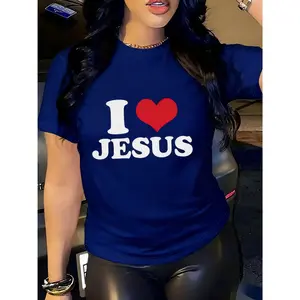 Women's 100% Cotton Smooth Fabric Short-Sleeve Graphic Printed "I Love Jesus" Bold Letter T-Shirt - Black with White & Red Design, Round Neck, Spring/Summer Casual Top, Religious Clothing, Machine Washable (Suitable for Church, Daily Wear)