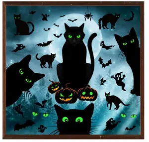 Quera Large Halloween Window Clings Black Cat Window Decorations Glow in The Dark Spooky Pumpkin Window Stickers Halloween Silhouette Window Stickers for School Home Office Party Decals, Double-Side