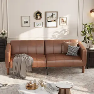 75-inch (approx. 190.5 cm) bedding sofa bed, convertible bed, faux leather sofa, love sofa, mid-century modern sofa, suitable for living room, bedroom, brown.