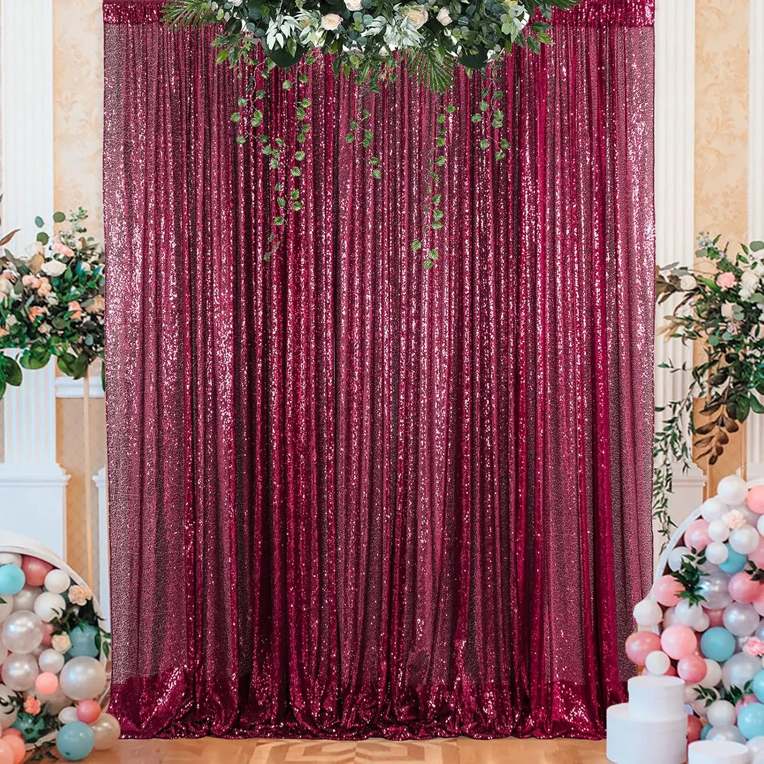 1 Pc 4ftx8ft Burgundy Polyester Sequin Backdrop Curtain Panel - Hand-Made Elegant Shimmer Wall Backdrop with Pocket Design for Happy Birthday Party, Photo & Wedding Decorations