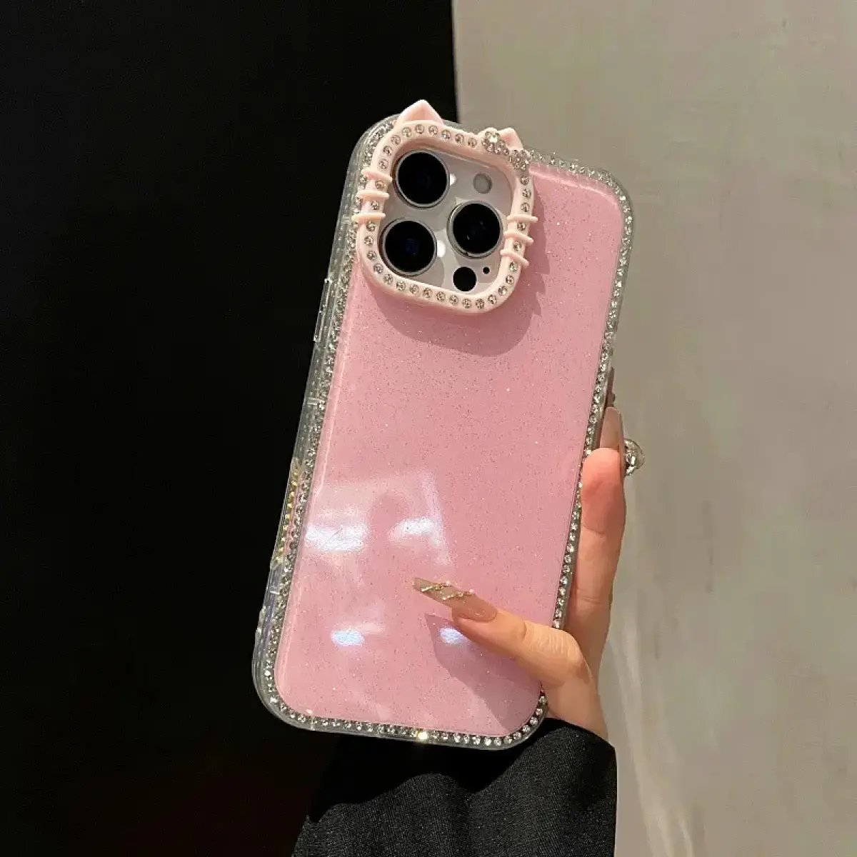Double-Sided Diamond Cat-Ear Smartphone Cover - Glitter Protective Handheld Cellphone Case, Cute Accessory for iPhone 12,13,14,15,16,17 Pro, Pro Max, Plus Devices