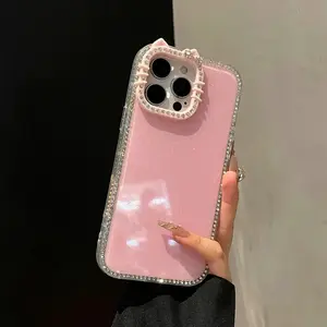 Double-Sided Diamond Cat-Ear Smartphone Cover - Glitter Protective Handheld Cellphone Case, Cute Accessory for iPhone 12,13,14,15,16,17 Pro, Pro Max, Plus Devices