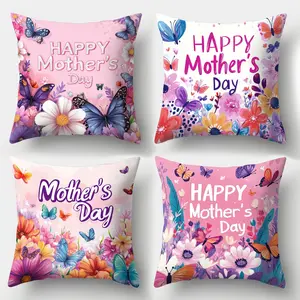 Mother's Day Pillow Cover Set, Floral Butterfly Design, Easy Wash, 4 Piece, Invisible Zipper, Bedroom Living Room Sofa Car Home Decor