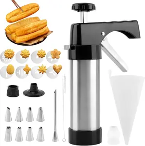 Churro Maker Machine, Stainless Steel Churros Gun Kit with 8 Piping Nozzles, 8 Cookie Discs & Cleaning Brush, 3-in-1 Multifunctional Cookie Press Hollow Churro(COLOR:Black+silver)