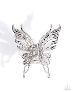 Flutter Following - White Silver Butterfly Claw Hair Clip - Paparazzi