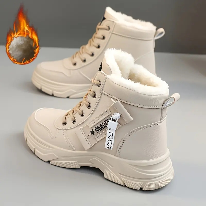 Women's Side Zipper Winter Thermal Snow Boots With Fleece Lining, Height Increased Thick-soled Platform Comfortable Lace-up Mid-tube Boots Girl Walking Shoes Footwear Autumn Footwear Autumn Makapal Flatform