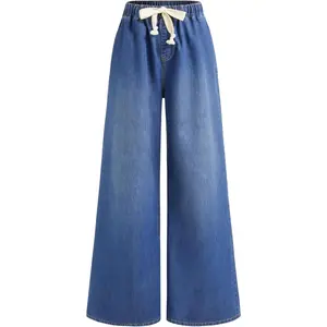 Drawstring Baggy Wide Leg Jeans for Women High Waisted Pull On Jeans Denim Pants with Pockets