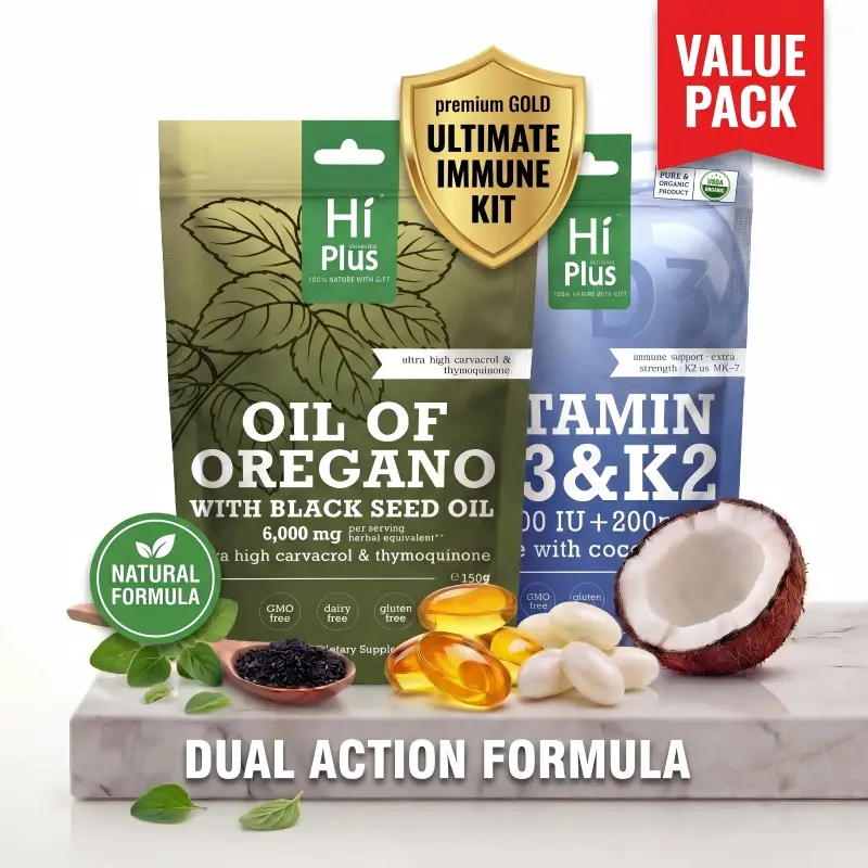 HiPlus Immune & Bone Support Bundle, Oregano Oil 6000mg with Black Seed Oil + Vitamin D3 10,000 IU & K2 MK-7 with Coconut Oil, 2-in-1 Dual Action Wellness Supplement, Antioxidant & Calcium Support, 300+300 Softgels outdoorfun SummerVibes