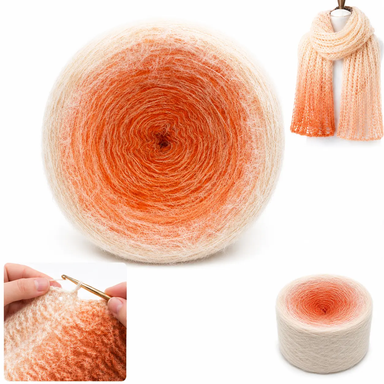 1 Pack 300g/10.58 oz Long Gradient Ombre Cake Yarn Pack, Soft Fluffy Acrylic Nylon DIY Knitting Supplies, W/ Crochet Hook & Stitch Markers for Shawls, Blankets, Beginner Crocheters, Crochet Items
