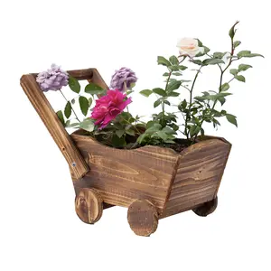 Country Style Wooden Hand-Pulled Cart Planter, Indoor & Outdoor Use, Solid Wood, Carbonized Anti-Fungus, Long Rectangle Cartoon Cart