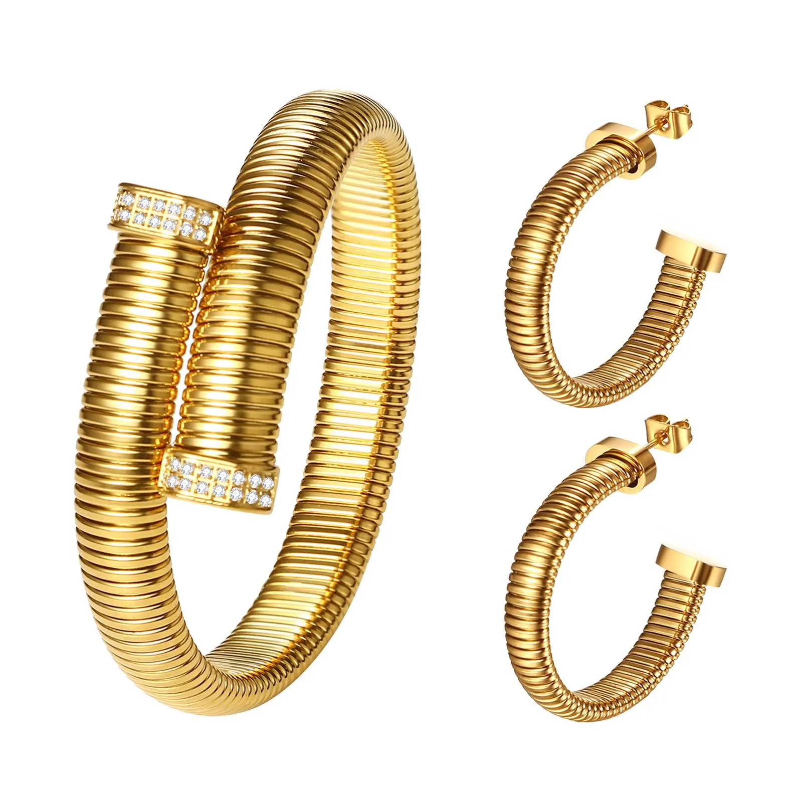 OIDEA Women's 2-Piece Gold-Tone Snake Jewelry Set - Chunky Twisted Hoop Earrings, Adjustable Cubic Zirconia Cuff Bracelet