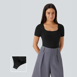 Halara U Neck Short Sleeve Snap Button Skinny Work Bodysuit Tops Casual Comfortable Fit Breathable Basic Shortsleeve