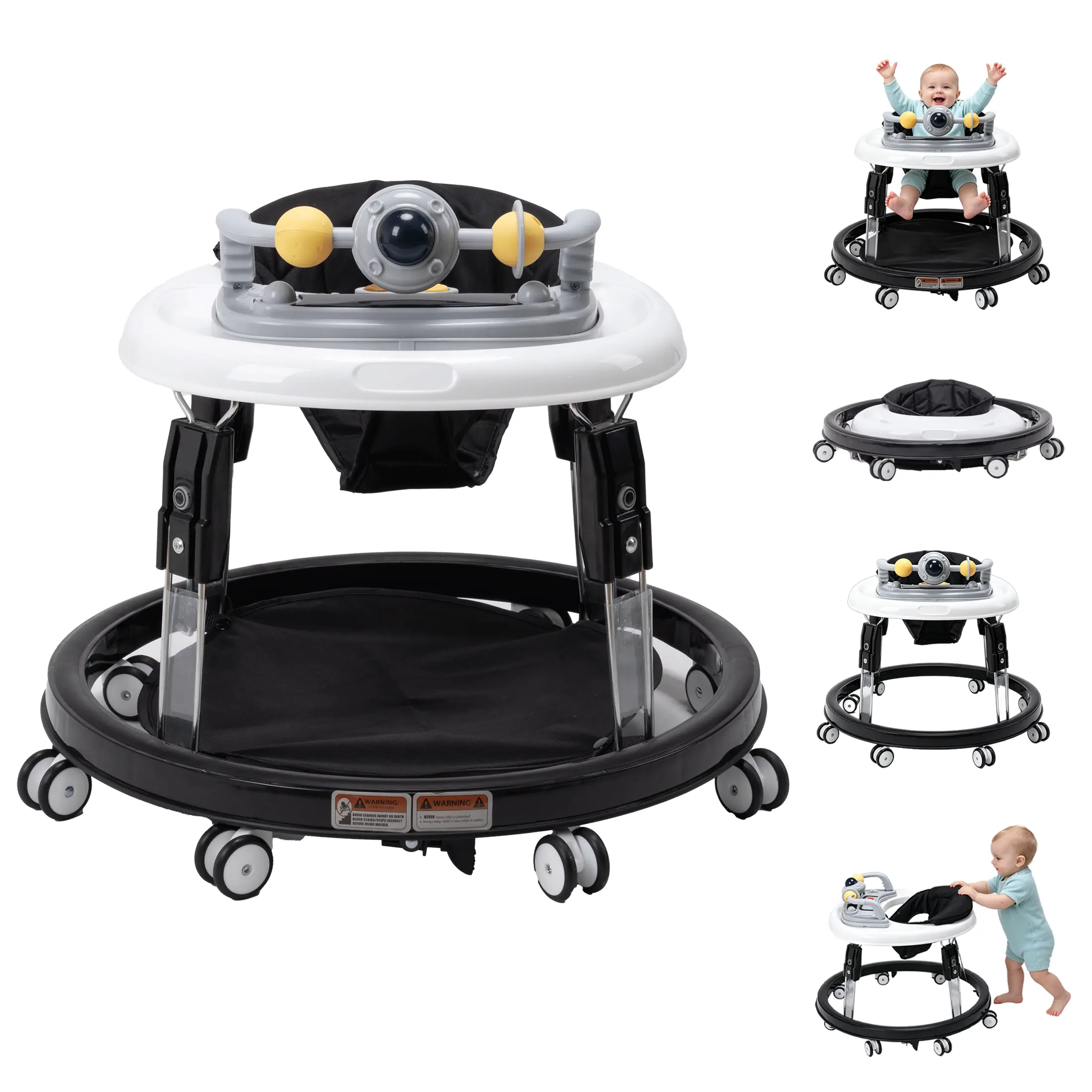 4-in-1 Foldable Baby Walker for 6-18 Months, Cushioned Infant Walker with 7 Adjustable Heights, Activity Center with Music, Lights, and BPA-Safe Plate for Travel, Portable, Onetouch Height Set, 360° Movement, Wrap-Around Pad, Music With One Tap