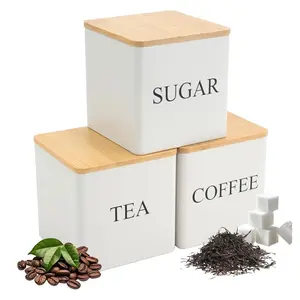 3pcs Coffee Tea Sugar Container Set, Kitchen Canister Set with Bamboo Lid, Stackable Food Storage Containers for Beans, Teas, Sugars, Spices, Grains, Snacks
