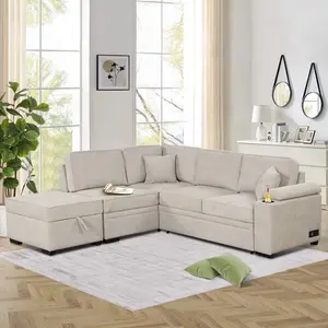 Esquire Beige 87.4" Sleeper Sofa Bed with Storage Ottoman for Living Room and Bedroom, L-Shape Couch for Living Room or Small Apartment, 2 in 1 Pull Out Sofa Bed