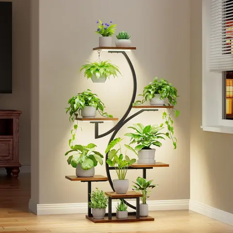 BACEKOLL Plant Stand with Grow Lights 44 in S-Shaped 7-Tier Corner Plant Rack - Vine-Like Vertical Storage, Adjustable Brightness Timer, 6 Pot Stands, Heavy-Duty Iron Frame for Living Room & Porch