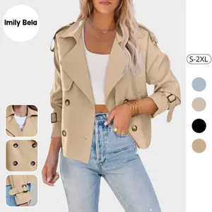 Imily Bela Women Crop Double Breasted Trench Coat Raglan Sleeve Work Office Cropped Jacket With Pockets