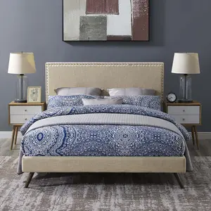 Modway Macie Queen Fabric Platform Bed with Round Splayed Legs in Beige