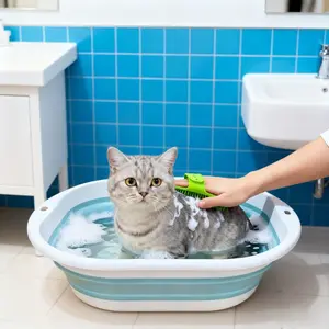 Portable Cat Dog Bath Tub Set with Grooming Massage Brush, Foldable Bathtub for Small Cats Dogs, Multifunctional Design for Travel Camping Home Pet Shower