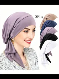 5 Pack Elastic Headscarf Hats, Polyester Muslim Turban Hijab Caps, Women's Hair Protection Scarves, Comfortable and Stylish Accessories