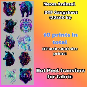 G47 Neon Animal DTF transfers para PLAYERA/SHIRTS Hot Peel Gang Sheet