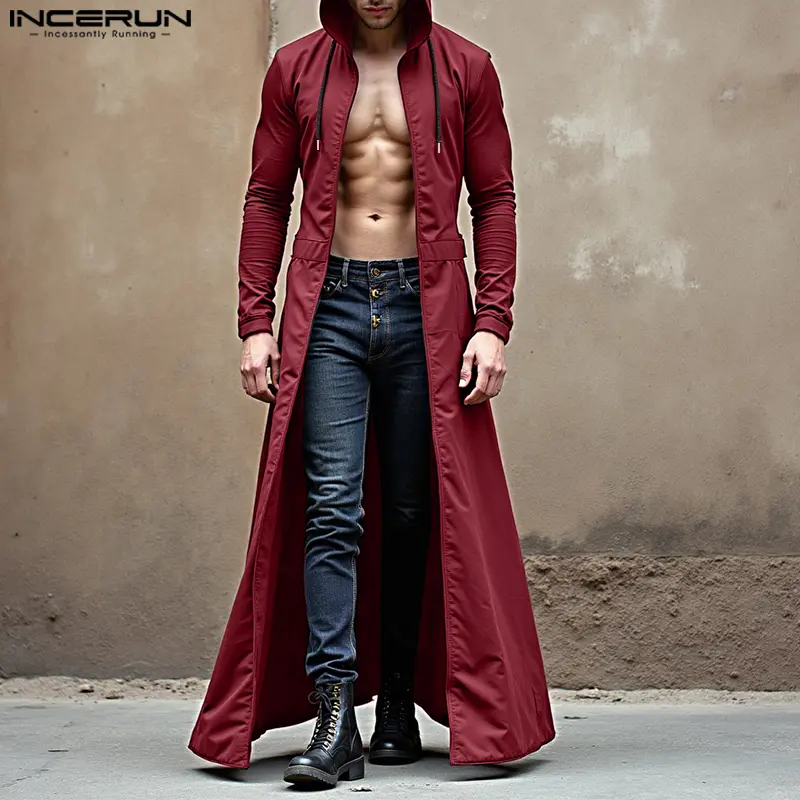 INCERUN Men's Simple Solid Long-Sleeve Hooded Windbreaker Jackets - Durable Fabric Top for Autumn/Winter Street Casual, Urban Daily Wear