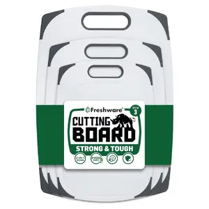 Plastic Cutting Boards for Kitchen, Cutting Board Set of 3, Juice Grooves with Easy Grip Handle, BPA-Free, Non-Porous, Dishwasher Safe, White