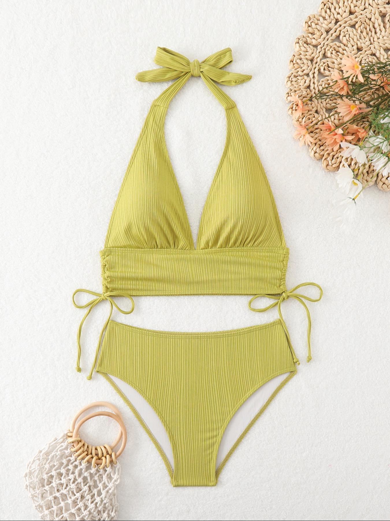 Two-Piece Set Women's Solid Color Bikini Set, Casual Fashion Chic Swimsuit Set, Ladies Swimwear for Beach Holiday Vacation