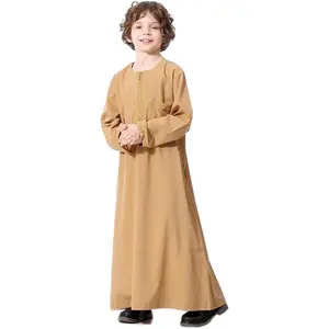 Arabic Thobe Muslim Thobe Long Sleeve Kaftan Crew Collar Robe with Zipper for Boy