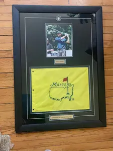 Tiger Woods Beautifully Framed Signed Autographed 28x38 Masters Flag & Picture Display