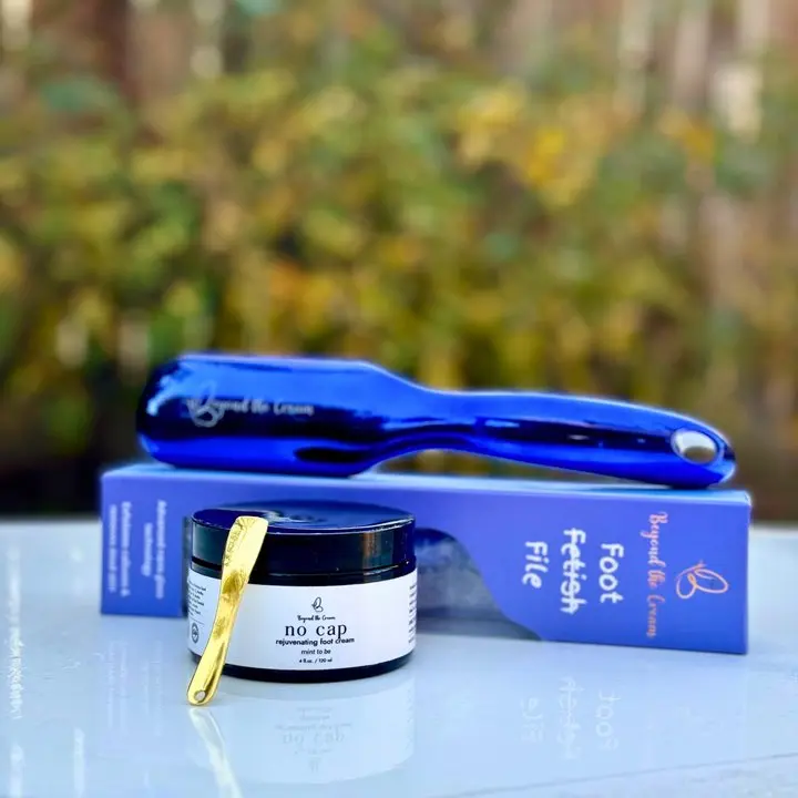Beyond The Cream Foot File & Cream Duo. Nano glass file exfoliates calluses. Can be used wet or dry. No cap foot cream softens and nourishes feet with Aloe Vera, oils, and plant extracts.Relieves tired feet with peppermint & menthol. Easy pedicure kit.