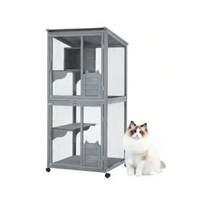 Large 2-Tier Outdoor Cat House Small Animal Enclosure With 2 Lockable Doors Catio With Waterproof Cover And Sunshine Panel Roof Portable Kitty House With Resting Boxes & Fixable Wheels